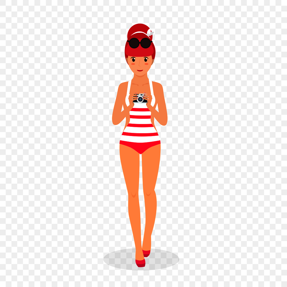 Woman Make Photo on Beach Isolated on Transparent Background. Female Redhead Character in Sunglasses and Swimsuit Take Picture on Photo Camera Summer Vacation Cartoon Flat Vector Illustration, Clipart. Woman Make Photo on Beach Camera Summer Vacation