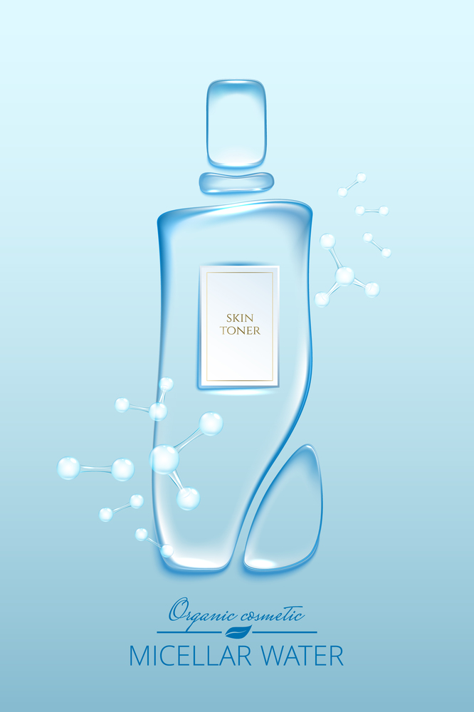 Original advertising poster design with water drops and liquid packaging silhouette for catalog, magazine. Cosmetic package.Moisturizing toner, micellar water hyaluronic acid
