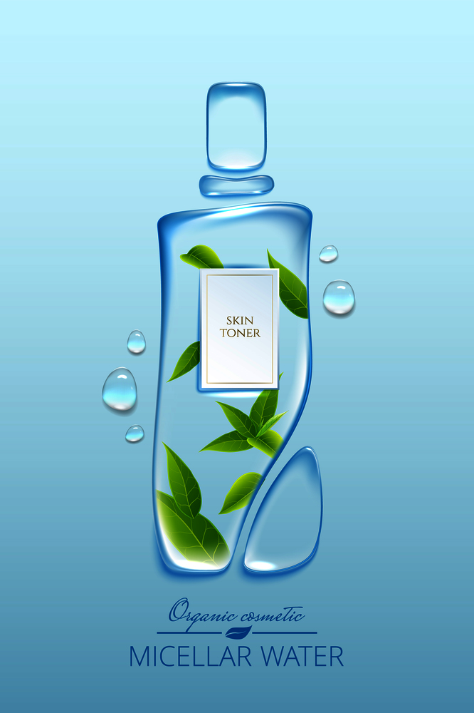 Original advertising poster design with water drops and liquid packaging silhouette for catalog, magazine. Cosmetic package.Moisturizing toner, micellar water with green tea extract