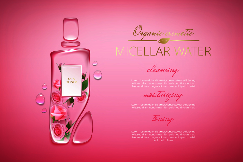 Original advertising poster design with water drops and liquid packaging silhouette for catalog, magazine. Cosmetic package.Moisturizing toner, micellar water with rose extract