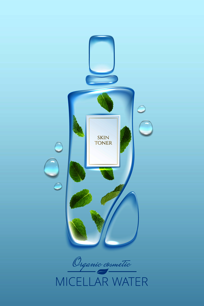 Original advertising poster design with water drops and liquid packaging silhouette for catalog, magazine. Cosmetic package.Moisturizing toner, micellar water with mint extract