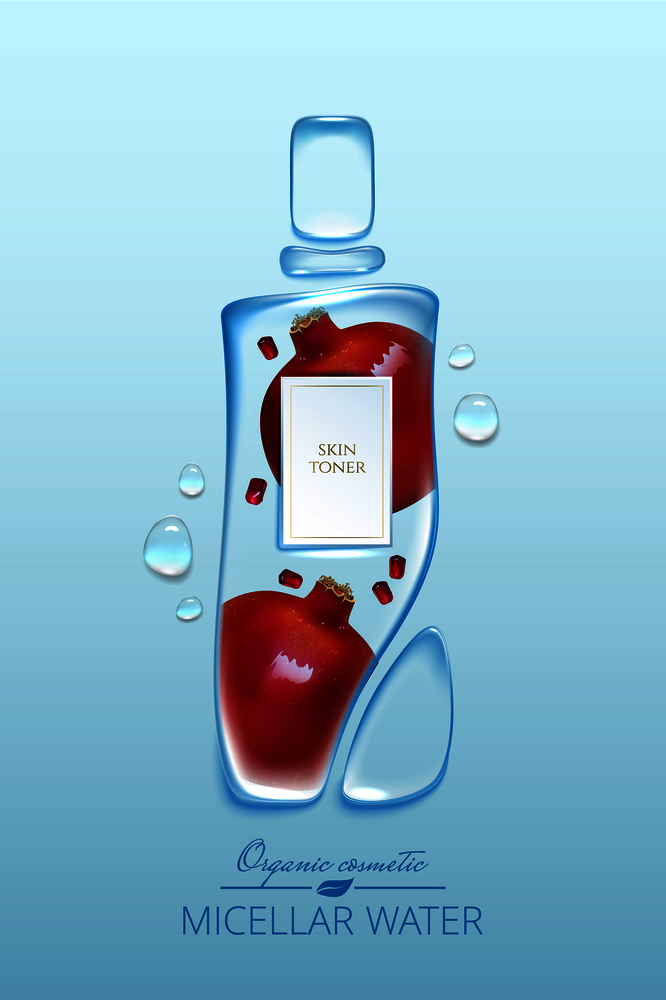 Original advertising poster design with water drops and liquid packaging silhouette for catalog, magazine. Cosmetic package.Moisturizing toner, micellar water with garnet extract