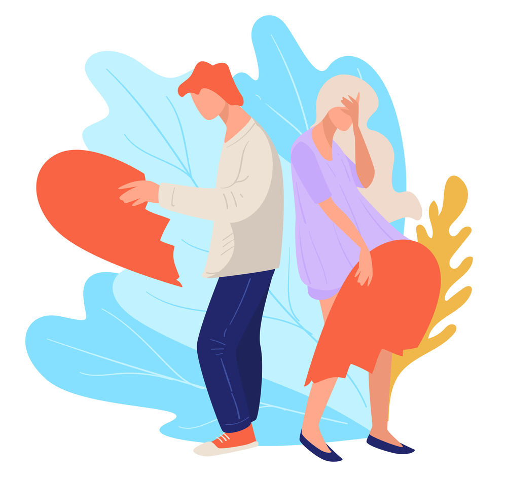 Boyfriend and girlfriend holding pieces of heart, breakup and sadness of relationship ending. Rejection and unhappy love, man and woman lost passion and feelings, crisis vector in flat style. Breakup of man and woman, boyfriend and girlfriend with pieces