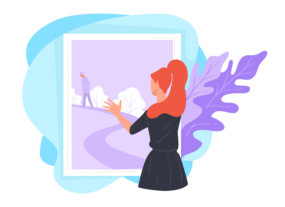 Breakup or separation of partners, woman looking outdoors. Female character watching beloved man walking away. Girl missing husband or boyfriend, rejection and break up. Vector in flat style. Woman looking outside window at man leaving her