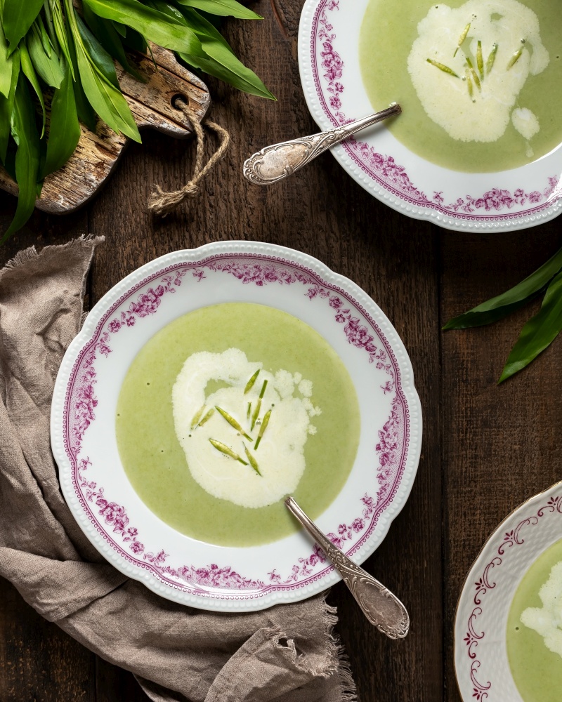 Creamy soup made from wild garlic, top view