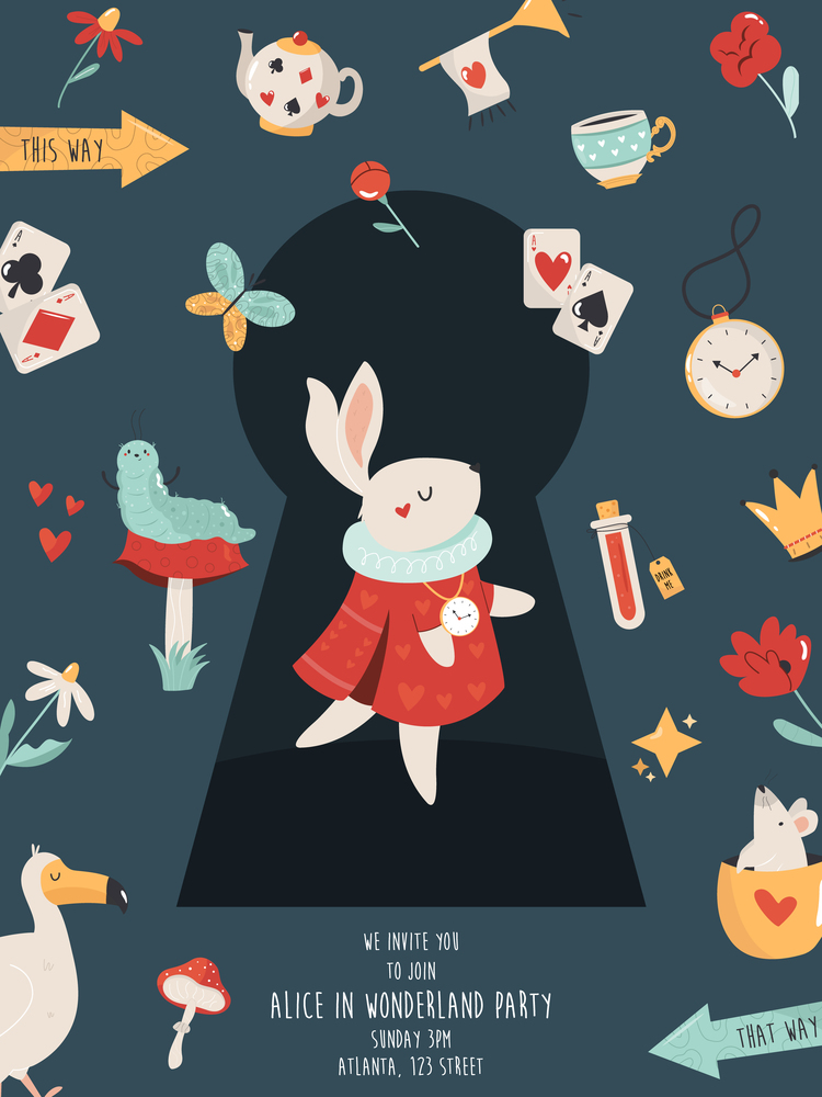 Party invitation with white rabbit and other symbols of Alice in Wonderland.. Party invitation with white rabbit and other symbols of Alice in Wonderland
