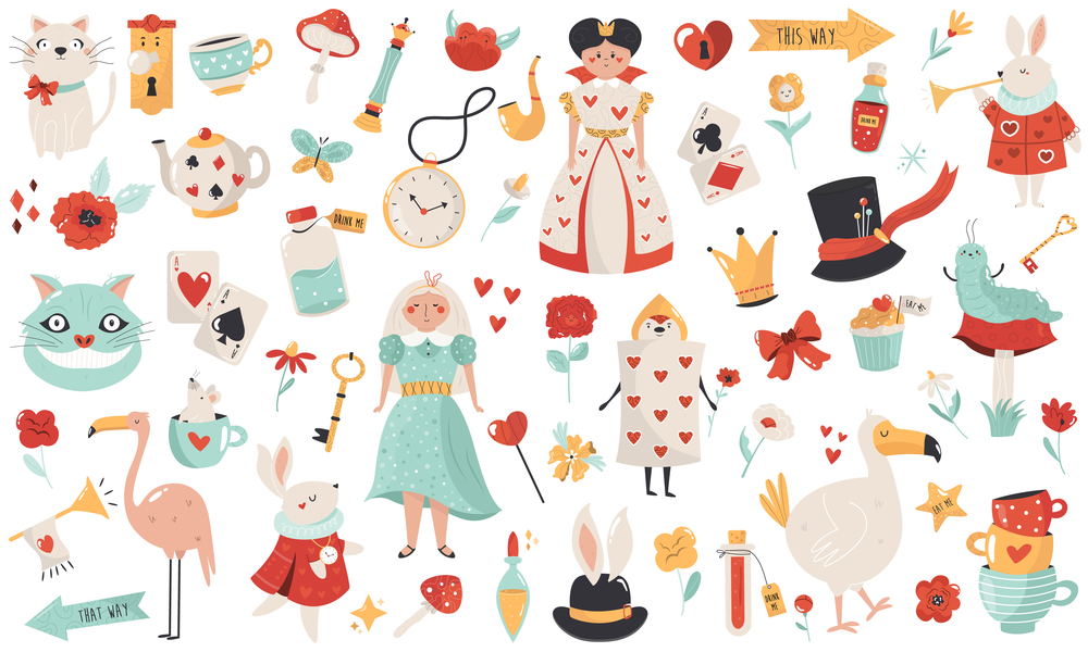 Big collection with symbols and characters of Alice in Wonderland. Vector illustrations.. Big collection with symbols and characters of Alice in Wonderland.
