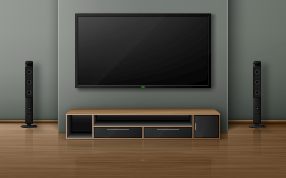 Home theater with tv screen and speakers in modern living room. Vector realistic interior with plasma television hanging on wall, sound stereo system and stand on wooden floor. Home theater with tv screen and speakers