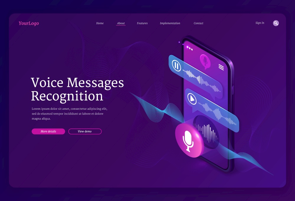 Voice messages recognition banner. Mobile application for recording sound, dictate messages and speech. Vector landing page with isometric illustration of smartphone with voice chat and microphone. Vector banner of voice messages recognition