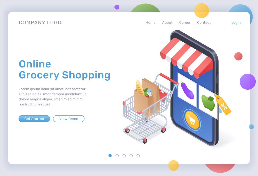 Online grocery shopping isometric landing page, digital store for food purchasing, goods in trolley at huge smartphone with internet market mobile app on screen. Cyber shop 3d vector web banner. Online grocery shopping isometric landing page
