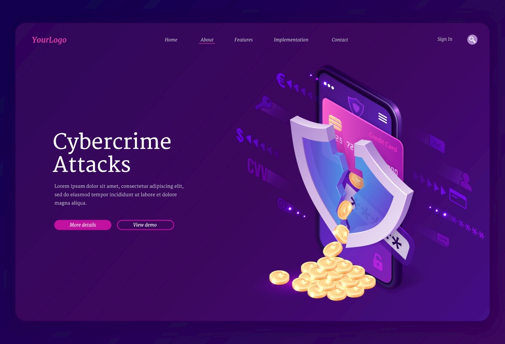 Cybercrime attack isometric landing page. Smartphone screen with cracked shield and coins scatter from bank card, theft of account personal data in internet, hacking cyber crime, 3d vector web banner. Cybercrime attack isometric landing page, banner