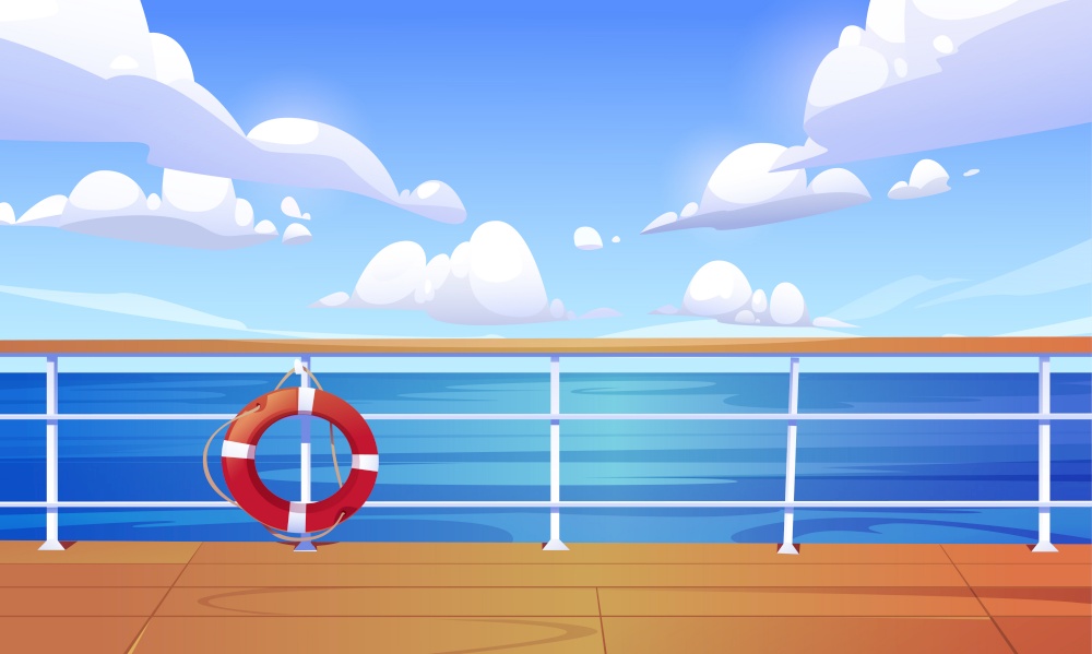 Seascape view from cruise ship deck. Ocean landscape with calm water surface and clouds in blue sky. Vector cartoon illustration of wooden boat deck or quay with railing and lifebuoy. Vector cartoon with cruise ship deck and sea