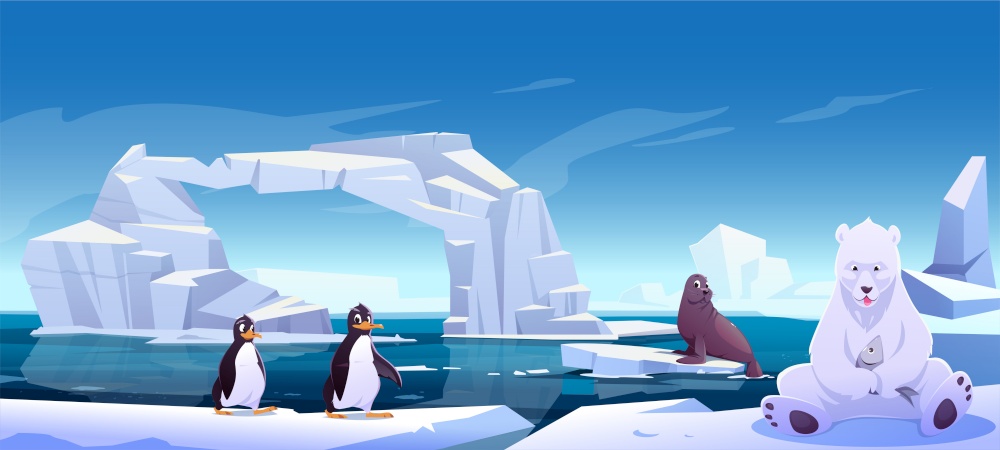 Wild animals sitting on ice floes in sea, white bear holding fish, penguins and seal. Antarctica or North Pole inhabitants in outdoor area, ocean. Beasts in nature fauna, Cartoon vector illustration. Wild animals sitting on ice floes in sea, ocean