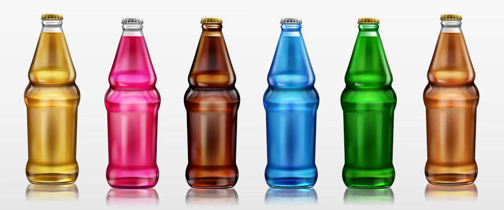 Glass bottles with different drinks, beer, soda and lemonade. Vector realistic set of beverages in bottles of clear, brown and green glass with metal cap isolated on white background. Glass bottles with drinks, beer, soda and lemonade