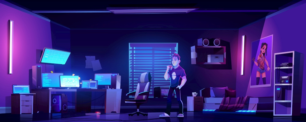 Teenager drinks coffee in bedroom with workspace of gamer, programmer or hacker at night. Vector cartoon interior room with chair, computer monitors on desk and printer on shelf. Gamer bedroom with computers at night