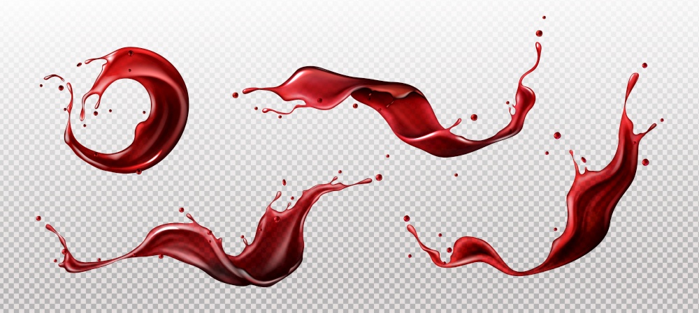 Splashes of wine, juice or blood, liquid red drink waves and curls with droplets. Abstract beverage splashing and flowing design elements isolated on transparent background, Realistic 3d vector set. Splashes of wine, juice or blood, liquid red drink