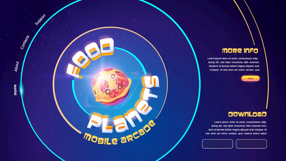 Food planets mobile arcade game website with sphere with pizza pattern. Vector landing page of online game with cartoon illustration of outer space with funny alien pizza planet. Food planets mobile arcade game website