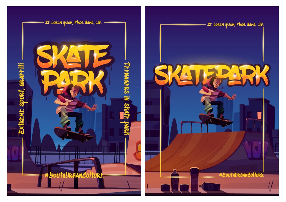 Skate park posters with boy riding on skateboard on rollerdrome at night. Vector flyers with cartoon cityscape with ramps, graffiti and teenager jump on track. Playground for extreme sport activity. Skate park posters with boy on skateboard at night