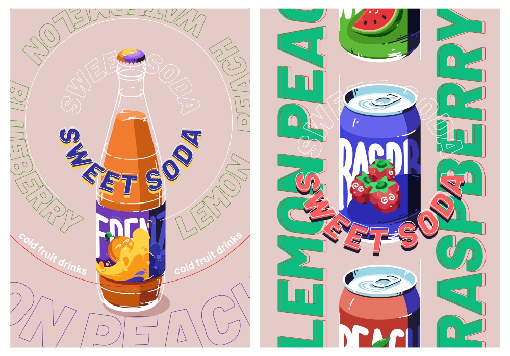 Sweet soda ad posters with bottle and tin can of lemon, raspberry or watermelon cold drinks. Fresh juice or fruit water advertisement campaign, beverage promo background, line art vector illustration. Sweet soda ads with drink in bottle and tin can