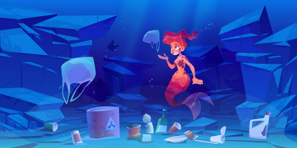 Cute mermaid on polluted ocean bottom with plastic trash and toxic waste. Underwater cartoon character pretty girl with red hair and fish tail swim in dirty sea water with garbage, Vector illustration. Cute mermaid on polluted ocean bottom with trash