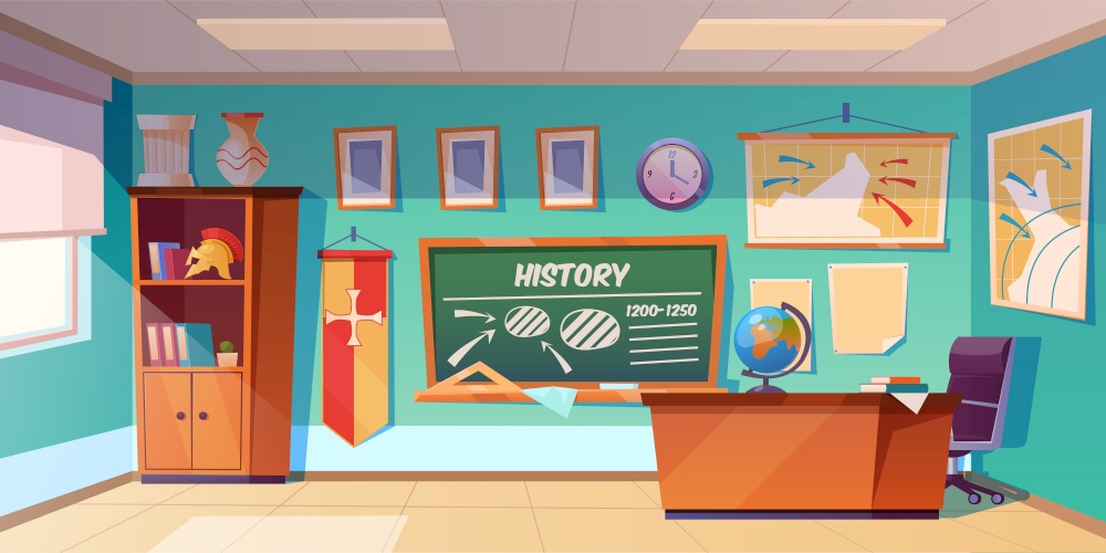 Classroom of history empty interior, school class room with teacher table, green blackboard with scheme, map and clock hanging on wall, books cupboard, studying items. Cartoon vector illustration. Classroom of history empty interior, school class