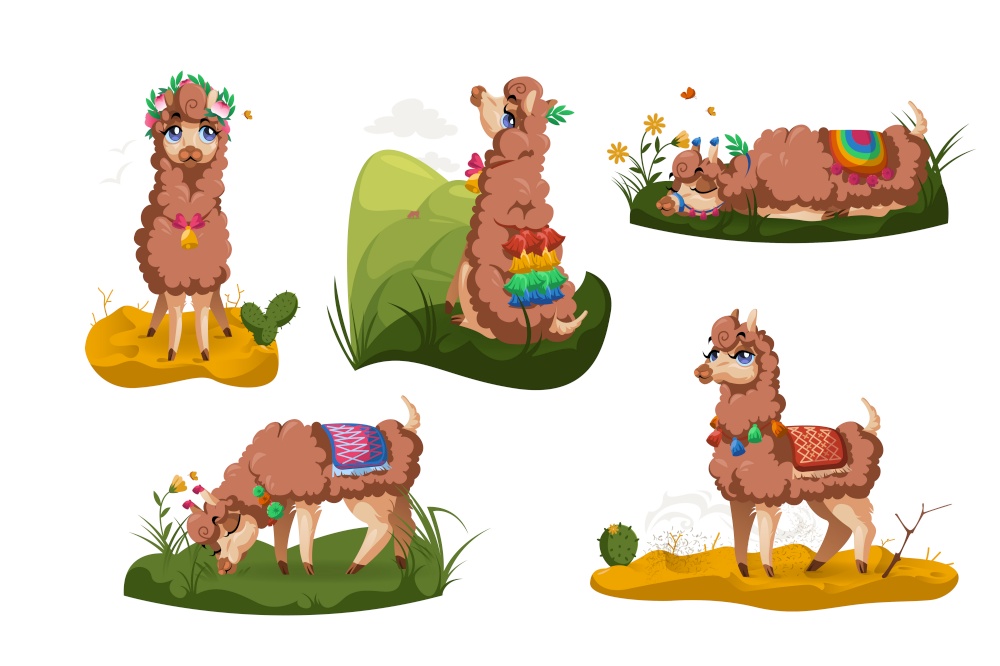 Llama, Peru alpaca animal, cartoon Mexican Lama character, mascot with cute face wear tassels on ears and blanket different poses sitting, sleeping, grazing on grass, stand on desert sand isolated set. Llama, Peru alpaca animal cartoon set. Cute lama