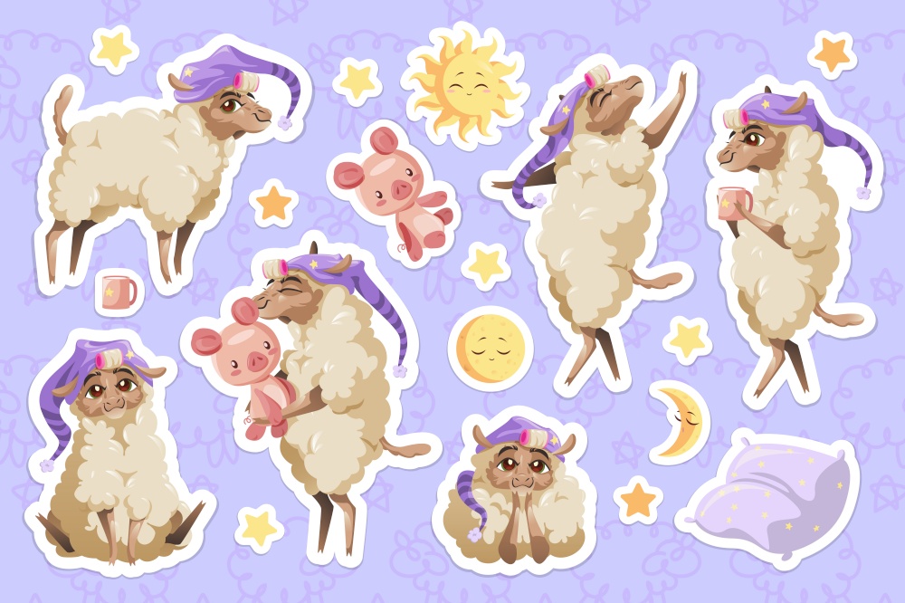 Cute sheep in nightcap, cartoon animal stickers set. Little fluffy lamb mascot with funny face hugging pig toy, wear curlers on fur, drink milk before night sleep. Kawaii character isolated patches. Cute sheep in nightcap, cartoon animal stickers