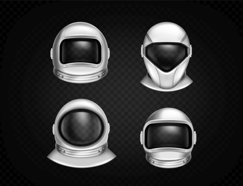Astronaut helmets for space exploration and flight in cosmos. Cosmonaut mask with clear glass different shapes. Vector realistic set of white suit part for protection spaceman head. Astronaut helmets, cosmonaut suit mask
