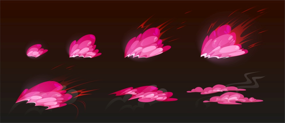 Pink burst sprites for game or animation. Vector storyboard of cartoon explosion with color clouds. Set of sequence explode with pink powder or dust splash isolated on black background. Pink burst sprites for game or animation