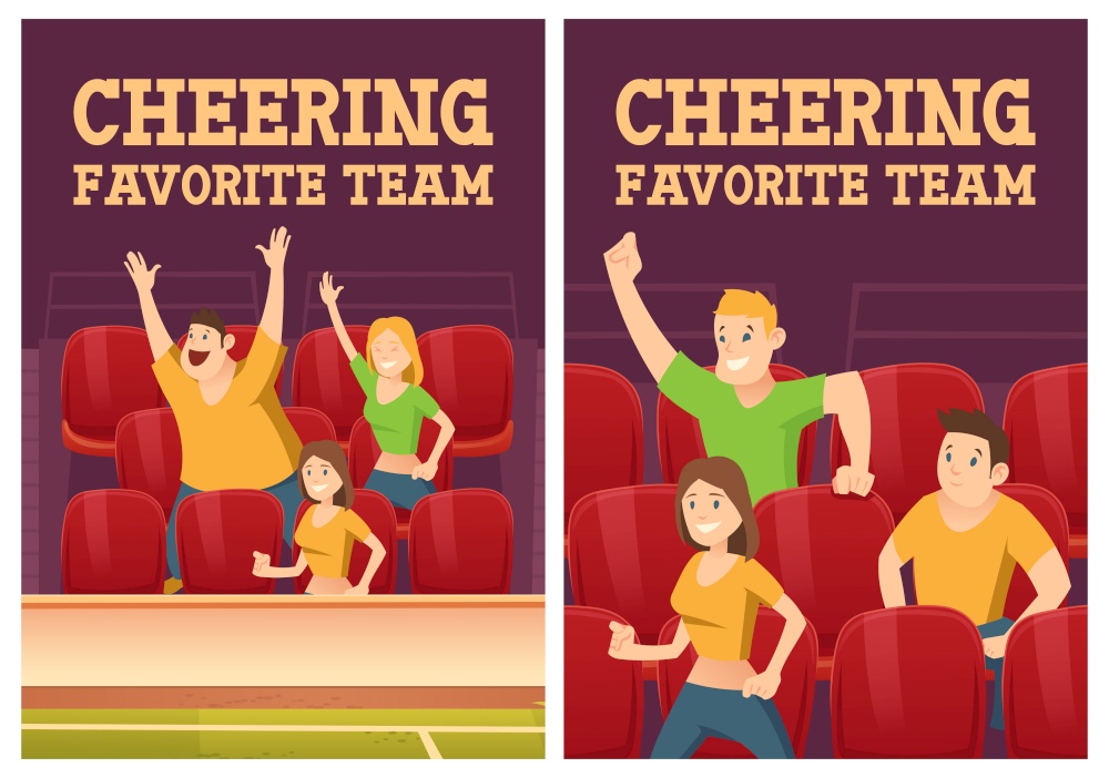 Cheering favorite team posters with people on stadium with red chairs. Vector banners of sport fan group with cartoon illustration of match audience on court, men and women cheer and support game team. Cheer favorite team posters with people on stadium