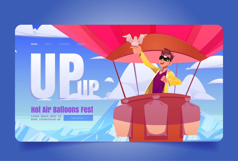 Hot air balloons fest website. Vector landing page with cartoon mountain landscape with flying colorful airship with man in sunglasses with dove on hand in basket with ballast. Hot air balloons fest website with man in basket