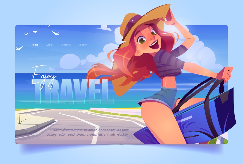 Travel banner with girl on vacation at sea shore. Concept of summer trip, journey to ocean beach. Vector landing page with cartoon illustration of woman with suitcase on road on sea coast. Travel banner with girl on vacation at sea shore
