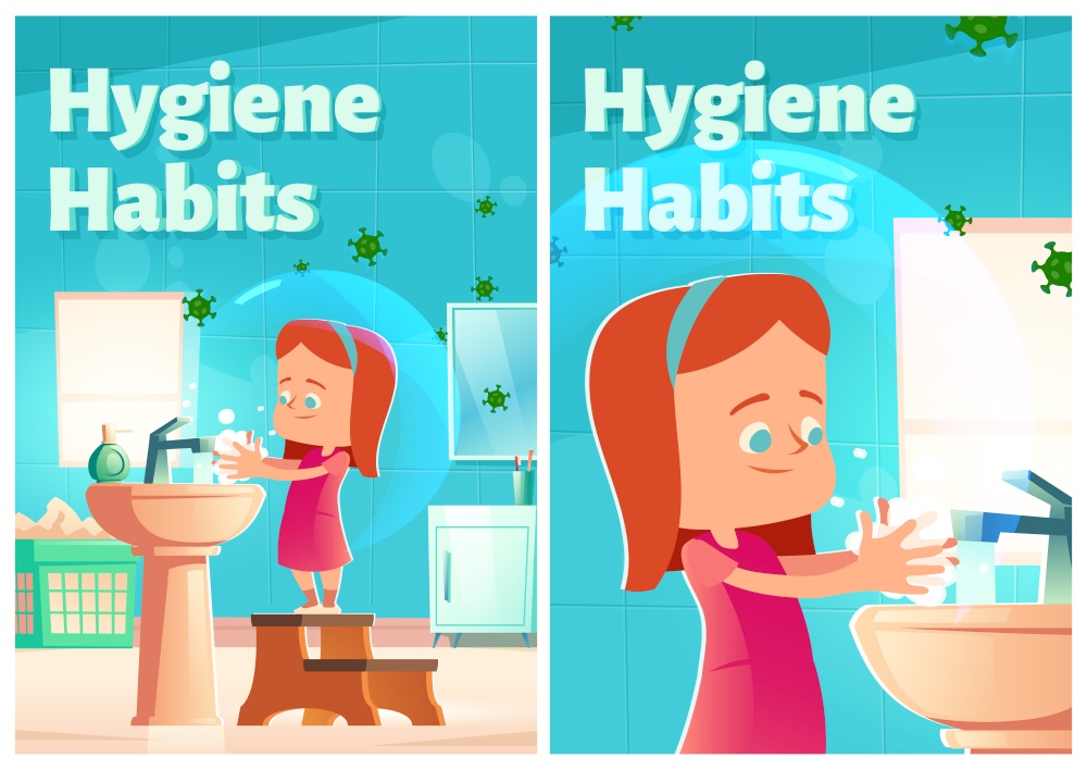 Hygiene habits cartoon posters. Little girl washing hands in home bathroom with coronavirus cells flying around. Child handwashing procedure. Kid lather palms with liquid soap, Vector illustration. Hygiene habits cartoon posters. girl washing hands