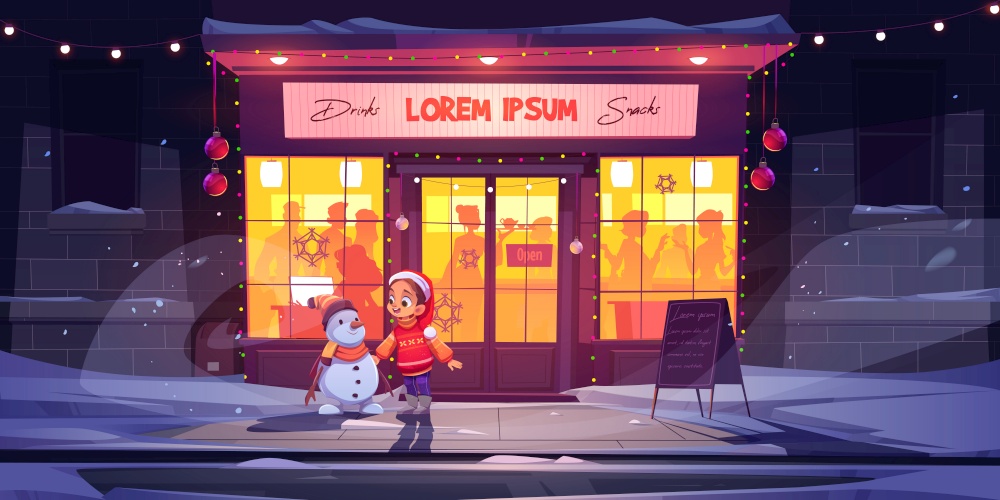 Little girl and snowman at winter bar facade, Christmas eve scene with child wearing santa hat at night cafe exterior with people celebrating inside, xmas decor and lights, Cartoon vector illustration. Little girl and snowman at winter bar, Christmas