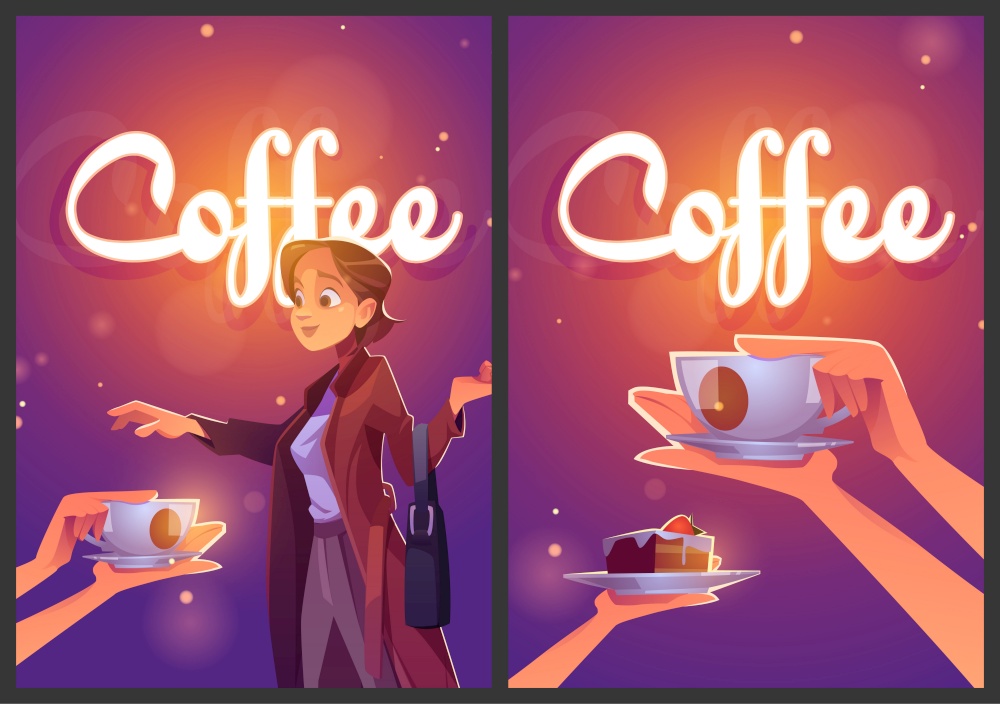 Coffee cartoon ad posters, woman take cup of hot drink and piece of cake on saucer on defocused background. Coffee house advertisement, bar promo, cafe visitor order beverage mug, Vector illustration. Coffee cartoon ad posters, woman take cup of drink