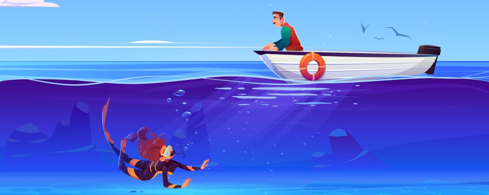 Sea landscape with woman scuba diver under water and man waiting in boat. Vector cartoon illustration of girl in diving suit with mask and aqualung underwater in lake, river or ocean. Sea landscape with scuba diver and man in boat