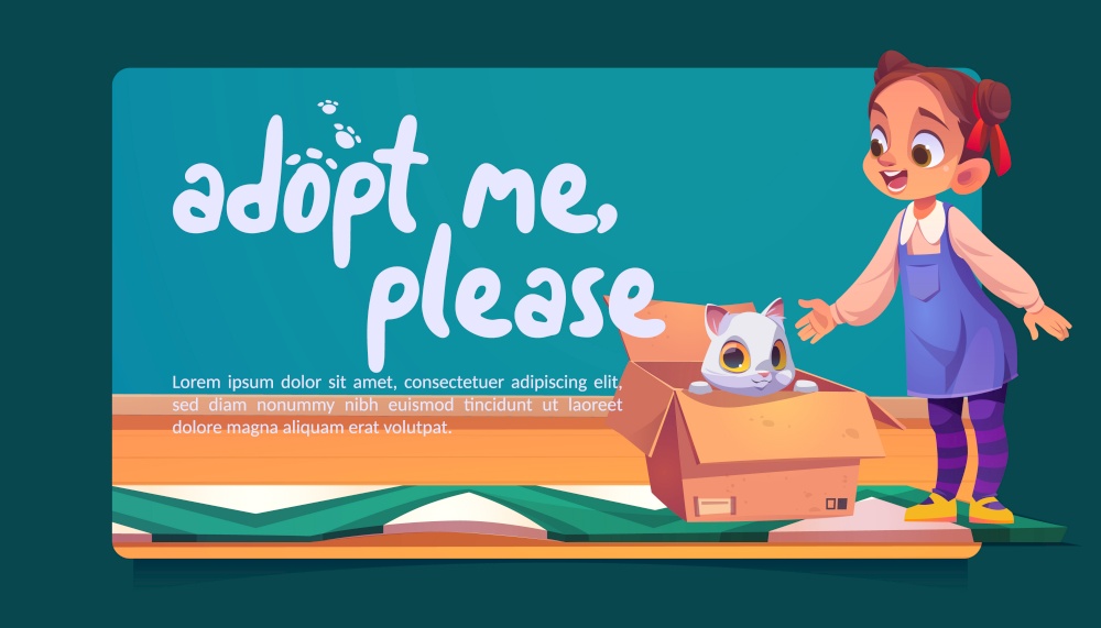 Adopt me poster with cute cat in cardboard box and happy girl. Concept of adoption homeless animals. Vector banner with cartoon illustration of child greeting white kitty in carton box. Adopt me poster with cat in cardboard box and girl
