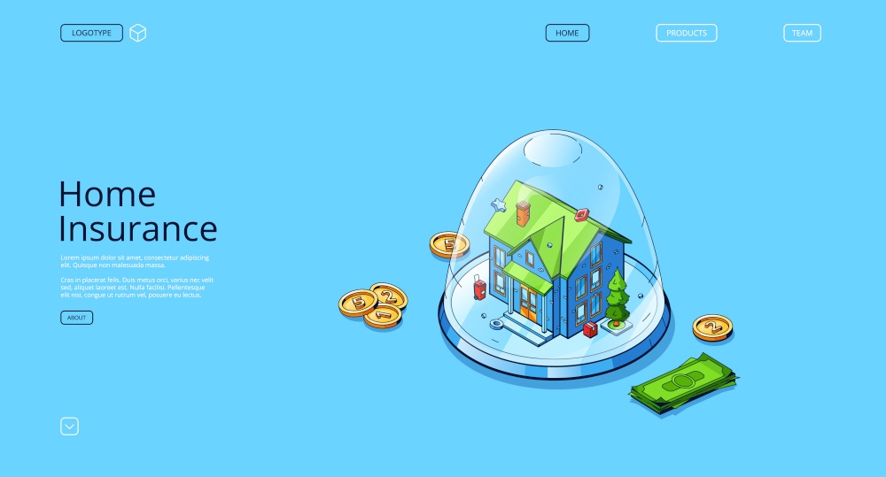 Home insurance banner. Concept of finance safety property, real estate guarantee. Vector landing page of insurance service with isometric house in protection glass dome and money. Landing page of home insurance service