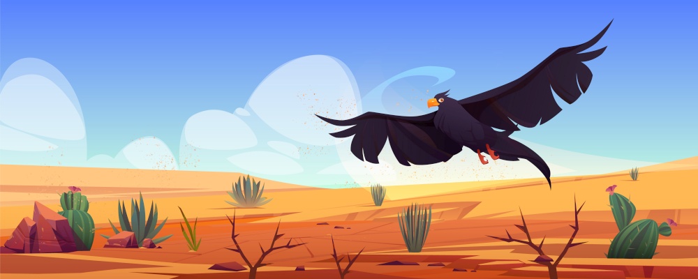 Black eagle over desert landscape, falcon or hawk flying with outspread wings on nature background with cracked ground, rocks and cacti. Wild bird predator searching prey, Cartoon vector illustration. Black eagle over desert landscape, falcon or hawk