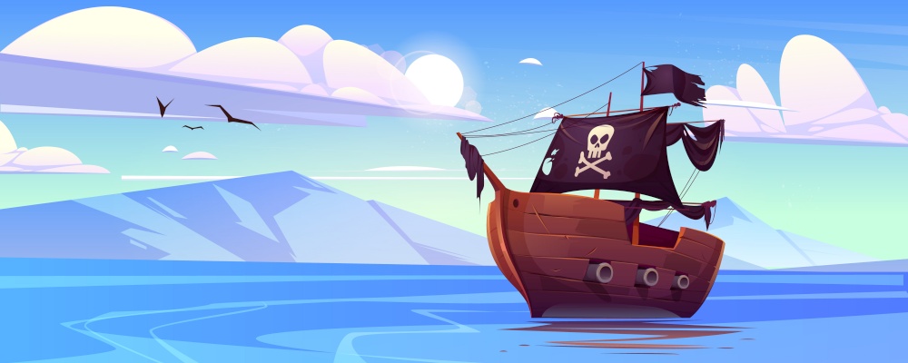 Pirate ship with black sails and flag with skull and crossbones in sea. Vector cartoon landscape of lake with mountains on horizon. Seascape with old wooden pirate boat. Pirate ship with black sails and flag with skull