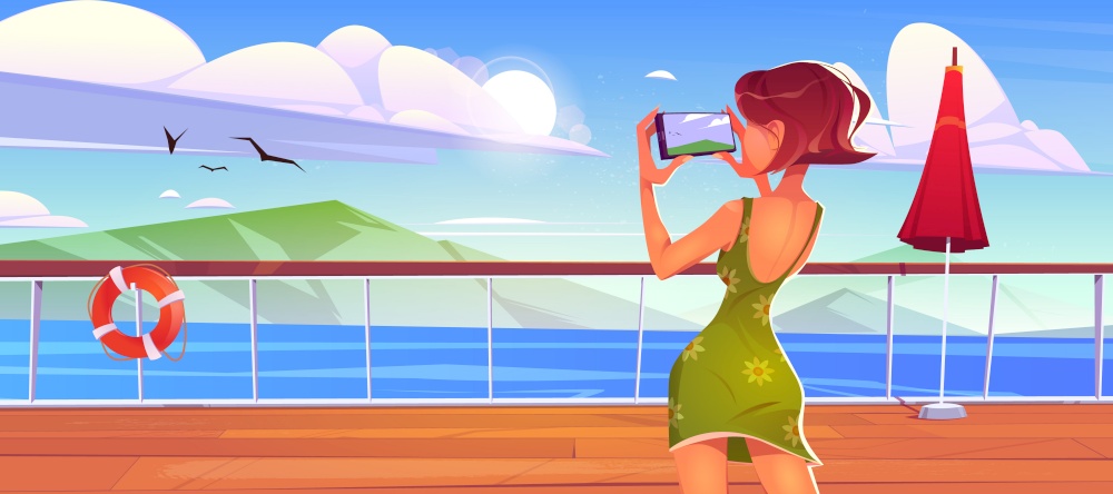 Woman on cruise liner deck shoot seascape view on smartphone, girl in summer dress photographing ocean on ship or sailboat. Summertime vacation journey on passenger vessel, Cartoon vector illustration. Woman on cruise liner deck shoot seascape view