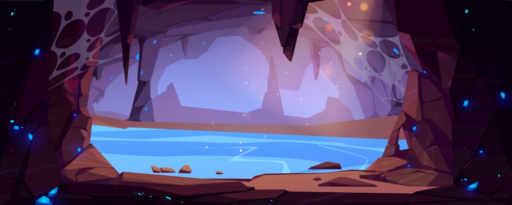 Underground rocky cave with water and blue crystals. Vector cartoon illustration of empty stone cavern with stalactites and lake or river. Old mountain grotto inside. Underground cave with water and blue crystals