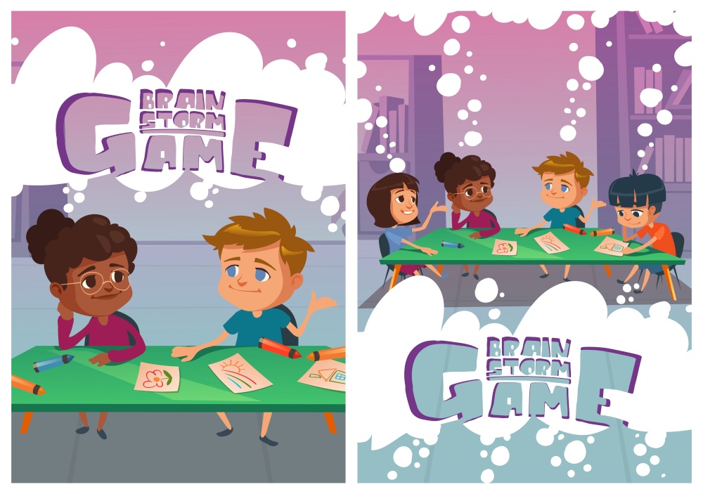 Brainstorm game posters with thinking children in school. Concept of brainstorming, teamwork and conversation. Vector flyers with cartoon illustration of kids dispute at table with pictures. Brainstorm game posters with thinking children