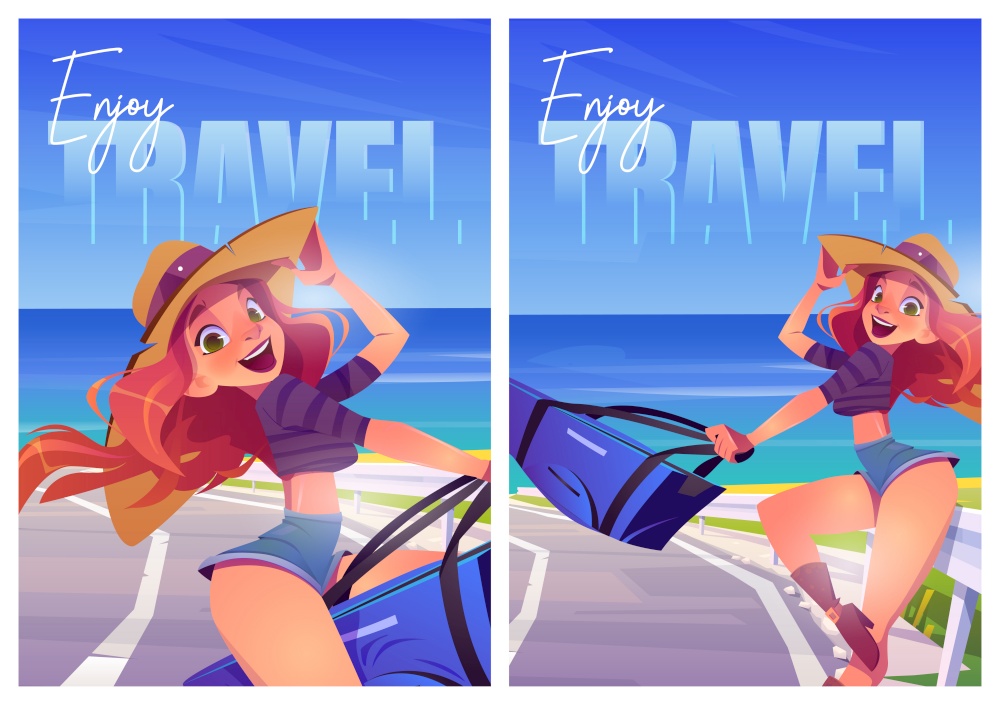 Enjoy summer travel cartoon posters. Girl with luggage bag at beautiful seaview landscape. Tourist woman on vacation, road seascape view, trip, adventure, holidays journey to ocean vector illustration. Enjoy summer travel cartoon posters, ocean journey