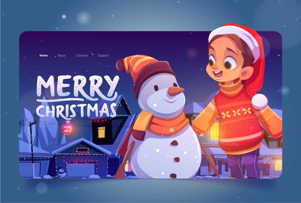 Merry Christmas cartoon landing page. Little girl in Santa hat and funny snowman at winter background with decorated cottage facades illuminated with garlands, eve scene with child, vector web banner. Merry Christmas cartoon landing with girl, snowman