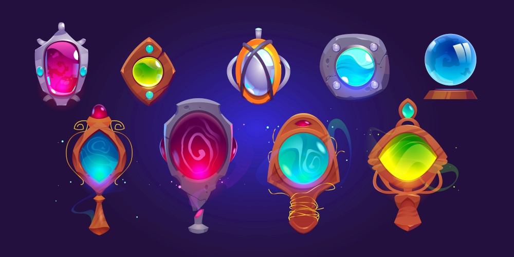 Magic amulets, mirrors and glass sphere. Vector cartoon icons set, gui elements for game about witchcraft or wizard with pendants with gems and crystals in stone and wooden frame. Magic amulets, mirrors and glass sphere