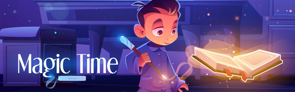 Magic time poster with boy reading spell book at night. Vector banner with cartoon illustration of young wizard with magic wand and witchcraft book. Child sorcerer in sleepwear in dark bedroom. Magic time poster with boy with spell book