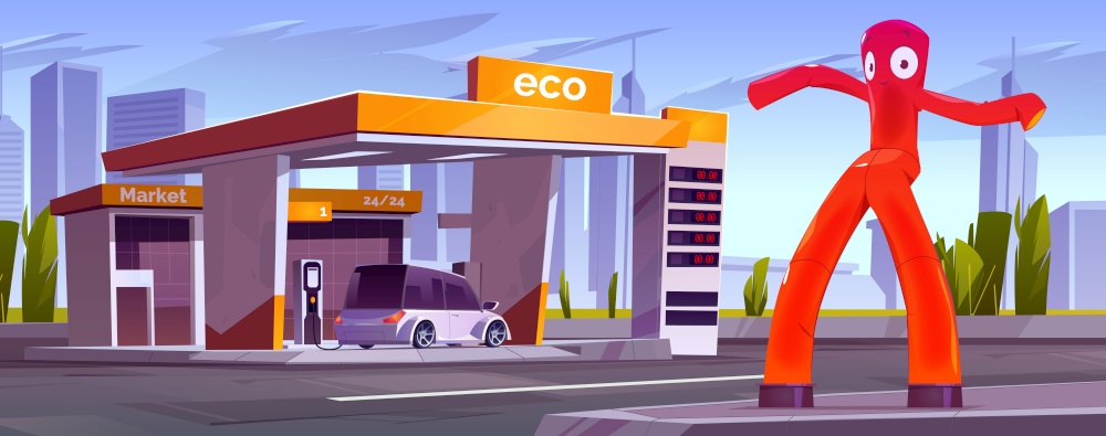 Charger station for electric cars with market and inflatable tube man. Vector cartoon cityscape with eco charge station on road, buildings on horizon and red air dancer. Charger station for electric cars with air dancer