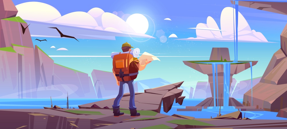 Traveler with map at mountain waterfall landscape with beautiful lake and rocks under blue cloudy sky with birds flying. Traveling journey, adventure. Man tourist hiking, Cartoon vector illustration. Traveler with map at mountain waterfall landscape