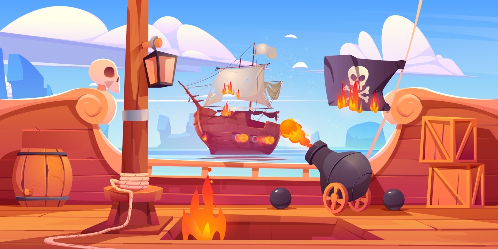 Pirate ship battle, wooden brigantine boat deck onboard view with cannon fire to enemy frigate, burning jolly roger flag, flame ragging in open hold on seascape background, Cartoon vector illustration. Pirate ship battle, wooden brigantine boat deck